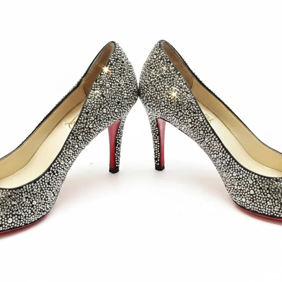 Christian Louboutin Sparkling Silver Peep-Toe Heels - Picture 2 of 6
